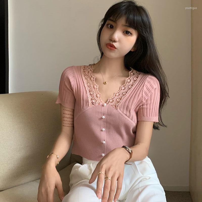 

Women's T Shirts Woman TShirts Women's Lace V-neck Patchwork Short-Sleeved Sweater Summer 2022 Top Crop Mujer Camisetas, 01