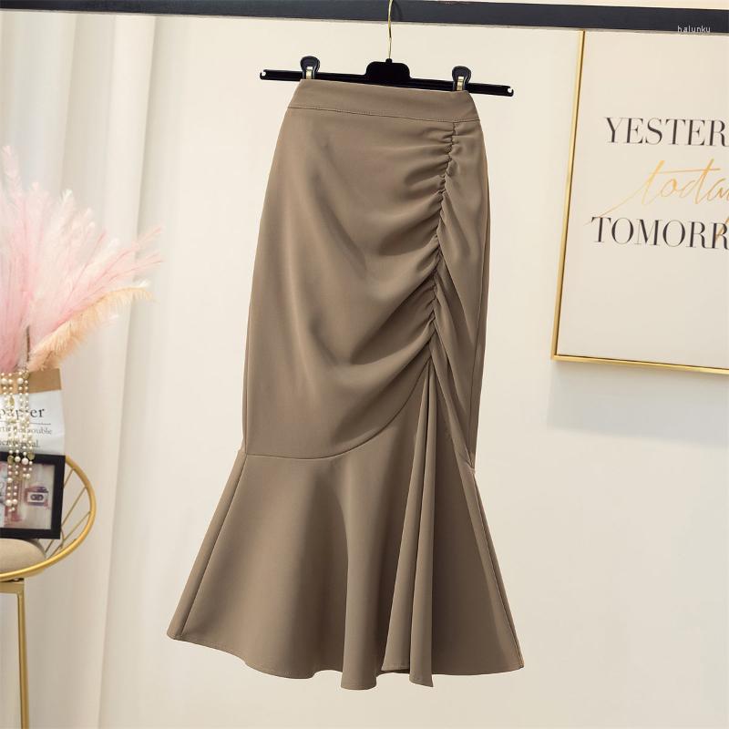 

Skirts High Waist Pleated Hip Wrap Skirt Women Spring And Autumn Slim Casual Fishtail Solid Fashion Mid Length Female, Black