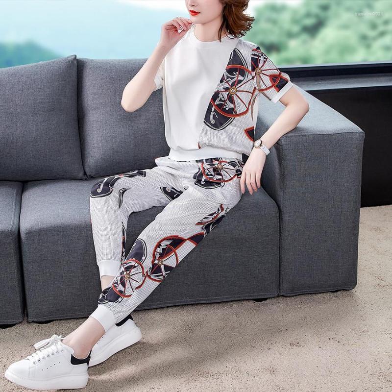 

Women's Two Piece Pants Women Summer 2 Sets 2022 Women's Casual Sportswear Set Short-sleeved Printed O-neck T-shirt Tops Long Pant, White