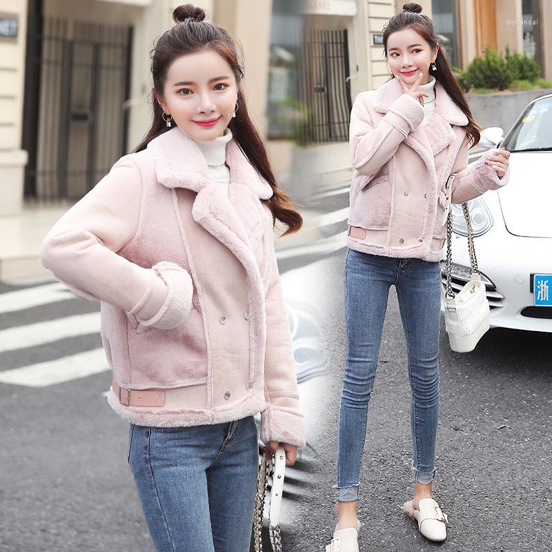 

Women' Jackets Lamb Hair Coat Female Short Section Fashion Slim 2022 Winter Long-sleeved Leather One Suede Fluffy Cotton Motorcycle Ja, Gray
