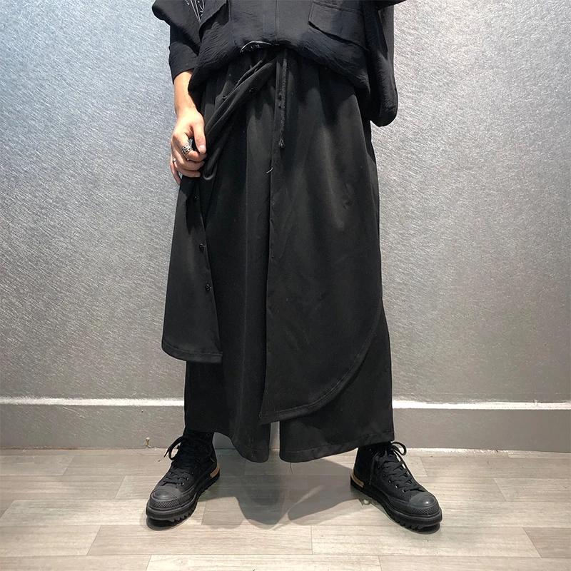 

Men' Pants Men' Fake Two-Piece Wide Leg Autumn Personalized Style Loose Skirt Black Fashion Elastic Thin
