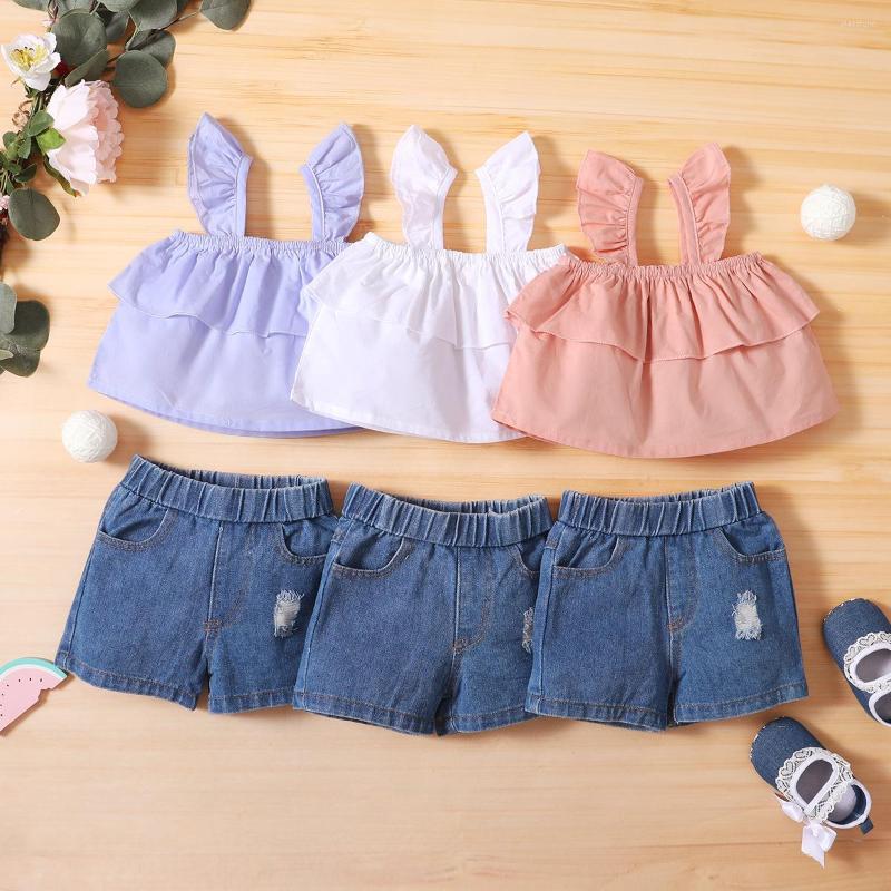 

Clothing Sets 0-4Years Summer Infant Baby Girls 2pcs Clothes Solid Strap Sleeveless Ruffles Vest Tops Denim Shorts, Rzc01