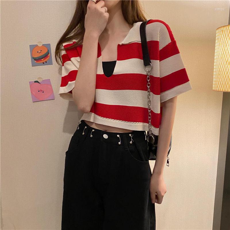 

Women' T Shirts Woman Tshirts Striped Short Sleeve Women Summer High Waist Loose Top Crop Mujer Camisetas, Black