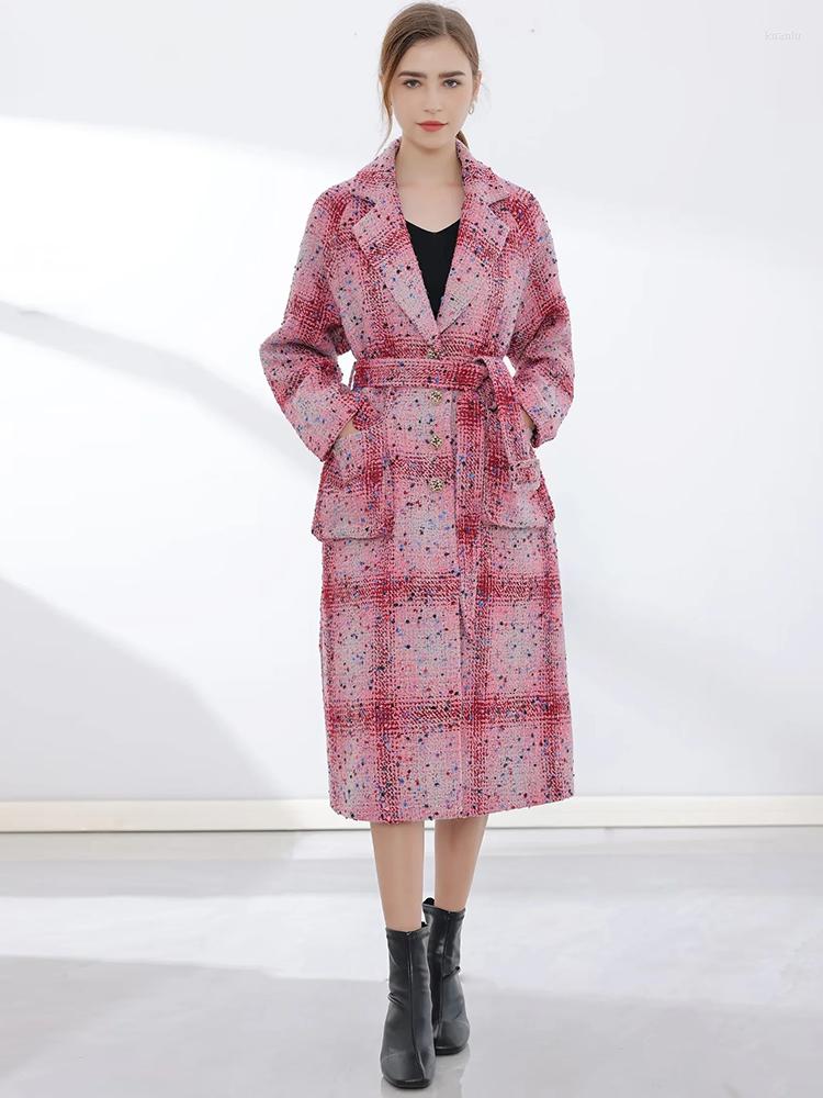 

Women' Trench Coats MoaaYina Designer Autumn Winter Fashion Plaid Tweed Coat Women' Long Sleeve Single-breasted Belted Pocket Pink