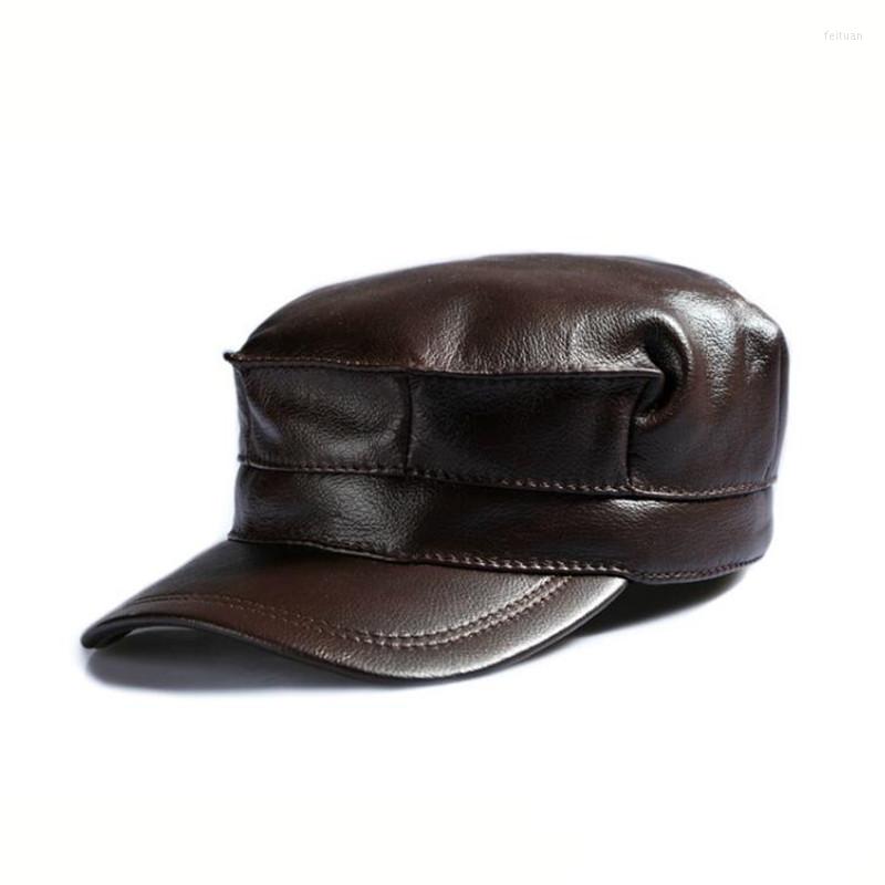 

Berets Autumn Winter Visor Hat Youth British Fashion Cowhide Men Cap Genuine Leather Flat Top Korean Version Elderly Male Hats H6929, Black