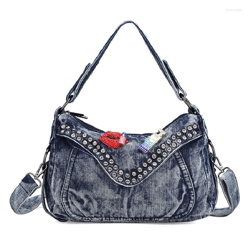 

Evening Bags Casual Fashion Zipper Design Denim Diamonds Vintage Women Tote Lady Handbags Jeans Shoulder Bag Messenger, Blue