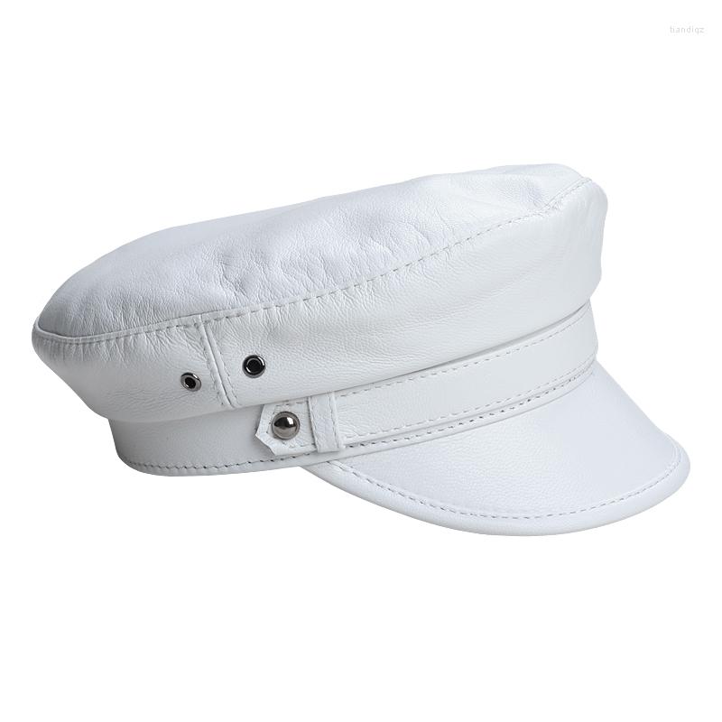 

Berets 2022 Spring Men/Women Genuine Leather Nubuck Caps With Belt Buckle Students Navy Golden Hats Boy Gorro White Color