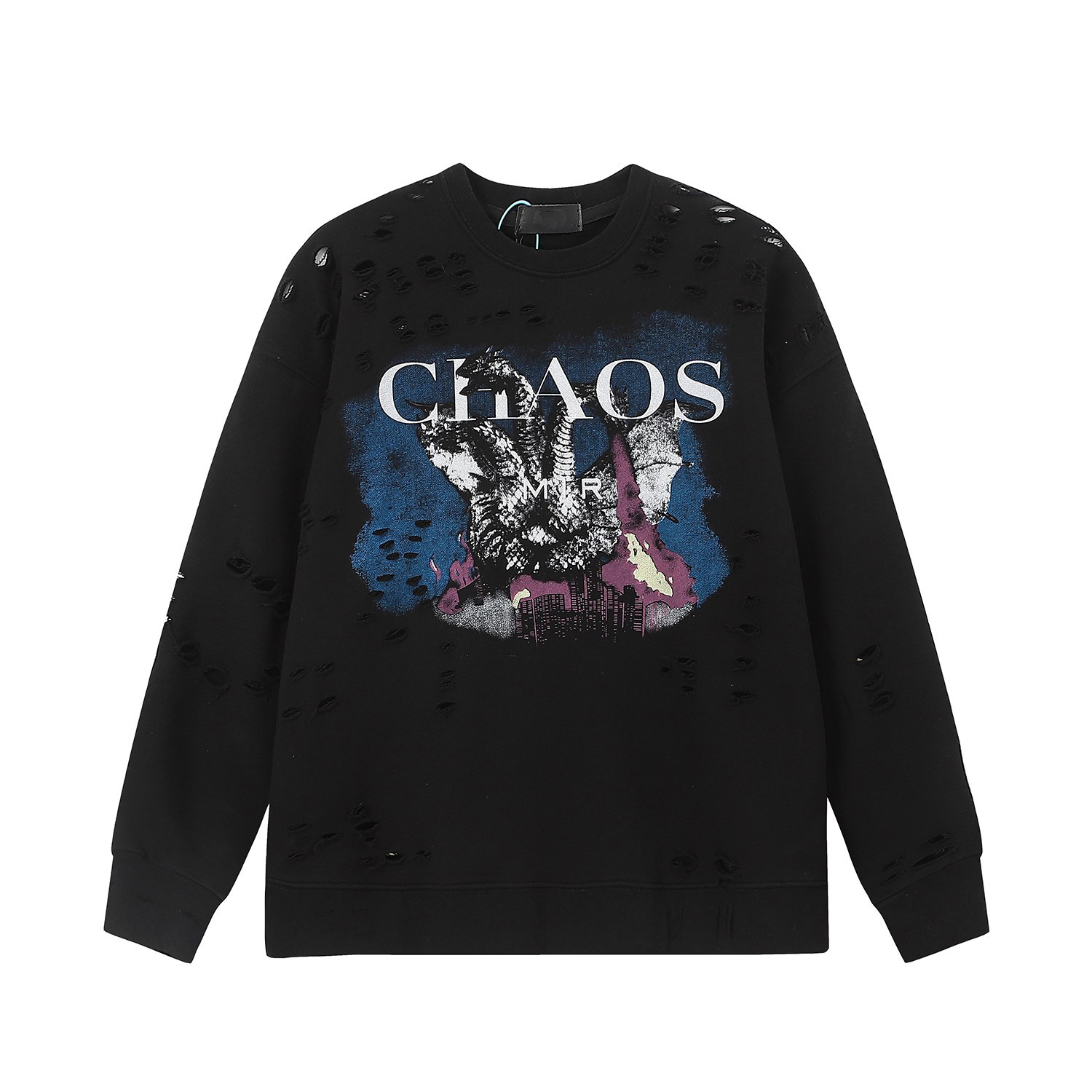 

Men's hoodies holes sweatshirts men and women's pullover terry round collar high street sweater, Black