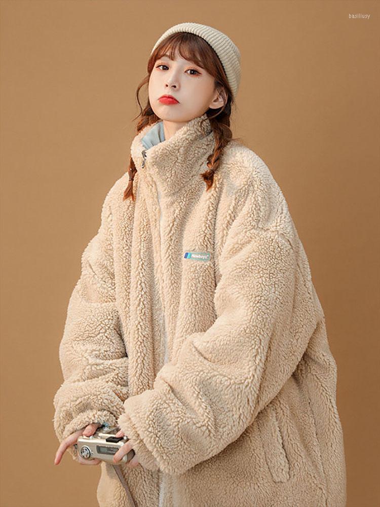 

Women' Fur Lamb Wool Padded Coat Female Hong Kong Style Harajuku Fashion Loose Simple Warm Jacket Aesthetic Niche Reversible Women, Blue