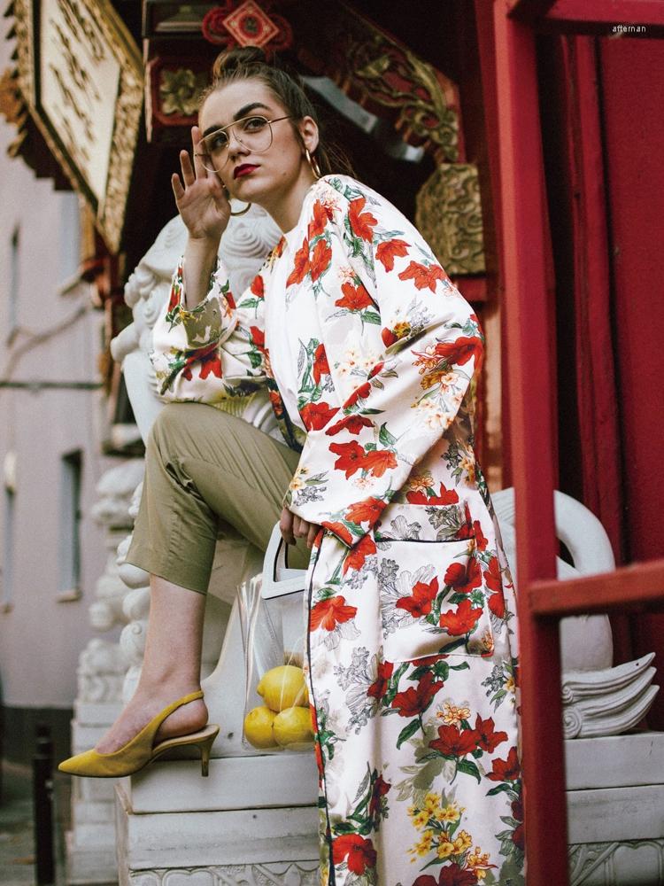 

Women' Trench Coats Red Floral Kimomo For Women Retro Fashion Belted Coat Girls Plus Size Spring Blossom Robes Japanese Kimono Cardigan, Ivory