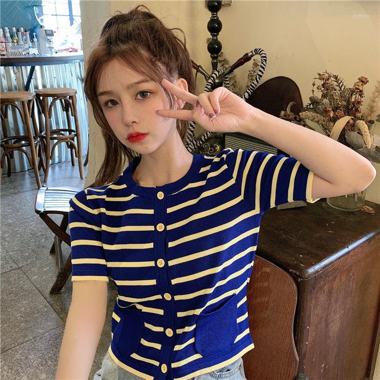 

Women' T Shirts Woman TShirts Striped Knitted Short-Sleeved Cardigan For Women Round Neck Loose Top Summer 2022 Crop Mujer Camisetas, Blue