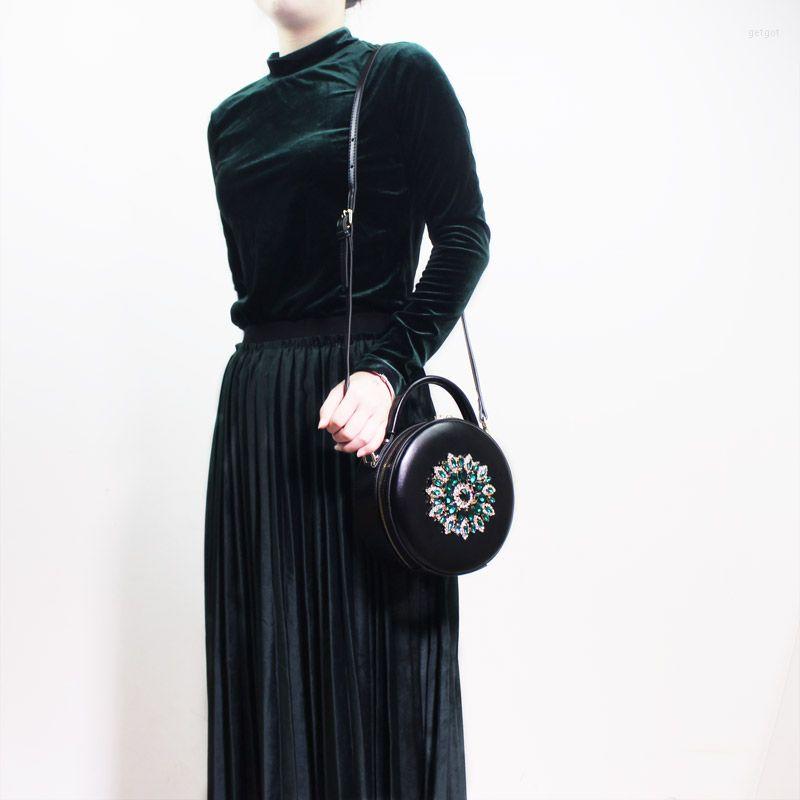 

Evening Bags Top Quality Round Shap Shoulder Genuine Leather Luxury Diamond Women Handbags Ladies Mini Tote Chain Crossbody Bag, Black