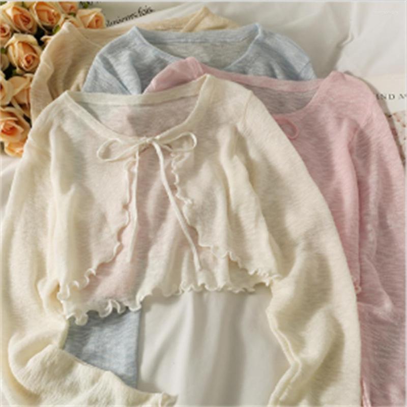 

Women's Knits 2022 Summer Bow Tie Short Section Edge Small Shawl Women's Thin Long-sleeved Knitted Sweater Top H2162, Black