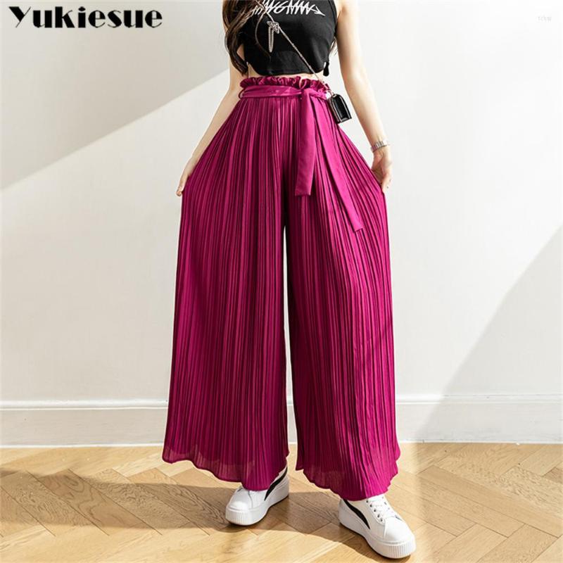 

Women' Pants Harajuku Summer High Waist Elastic Pleated Chiffon Women' Wide Leg Capris For Women Baggy Skirts Woman Trousers, Black