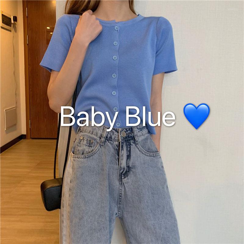 

Women's T Shirts Woman TShirts Summer Knitted Short-Sleeved T-shirt Women's Black Top Crop Mujer Camisetas, 5203-1 blue