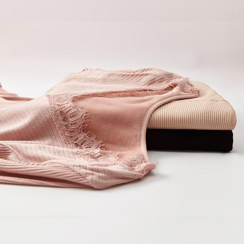 

Women's T Shirts Fashion Women Lace Tops Autumn Winter Solid Color Hollow Out Bottoming Shirt V-neck Long-sleeved T-shirt T305, Pink