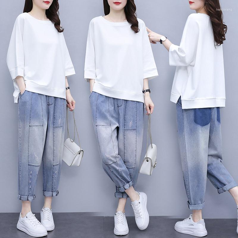 

Women's Two Piece Pants Single/Suit Female Two-piece 2022 Spring Summer Solid Color Pullover Nine-point Harlan Jeans Loose Fashion Suit, White suit