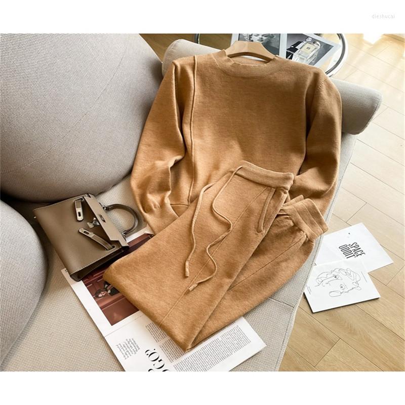 

Women' Two Piece Pants Amolapha Autumn Winter Wool Knitted Casual Suit Women' Pullover Sweater Ankle Banded Outer Wear Loose Sports, Khaki