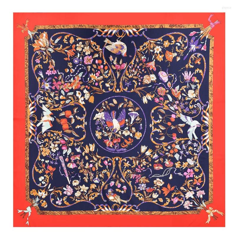 

Scarves Silk Scarf Women Floral Bird Print Square Head Echarpes Foulards Femme Wraps Beach Shawls Bandana Lady Hijabs 90CM