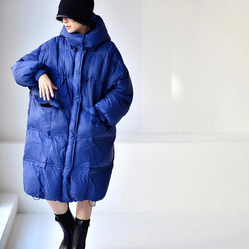 

Women' Down Korean Version Fashion Personality Smoke Plait To Design White Duck Bread Long Jacket Loose Padded Coat Female, Blue
