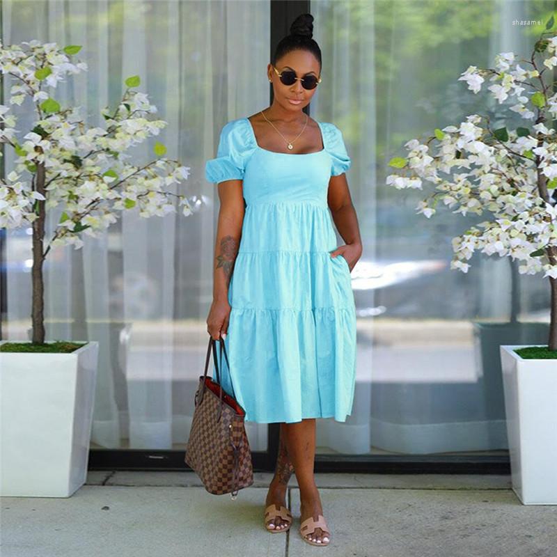 

Casual Dresses Women Fashion Dress Summer Beach Holiday Square Collar Bubble Sleeve High Waist Stitching Pocket Solid Color Vestidos, Sky blue