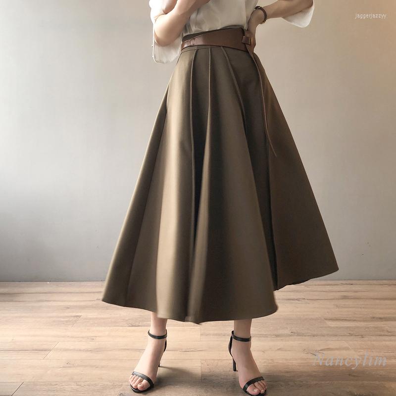 

Skirts Khaki Irregular Skirt Women 2022 Spring Autumn Mid-Length Big Hem Umbrella High Waist Office Lady Jupe Femme With Belt, Black