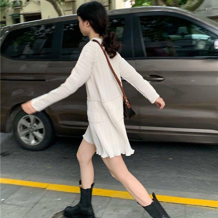 

Casual Dresses Women Super Beautiful 2022 Pleated Dress Short Skirt Women' Autumn Beige Vestido De Mujer Femme Robe, Creamy-white