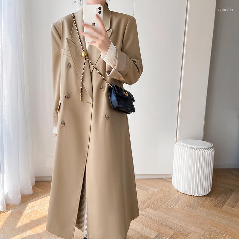 

Women' Trench Coats Korea Temperament Khaki Blazer Long Women' Spring 2022 Notched Loose Double Breasted Sleeve Suit Jacket