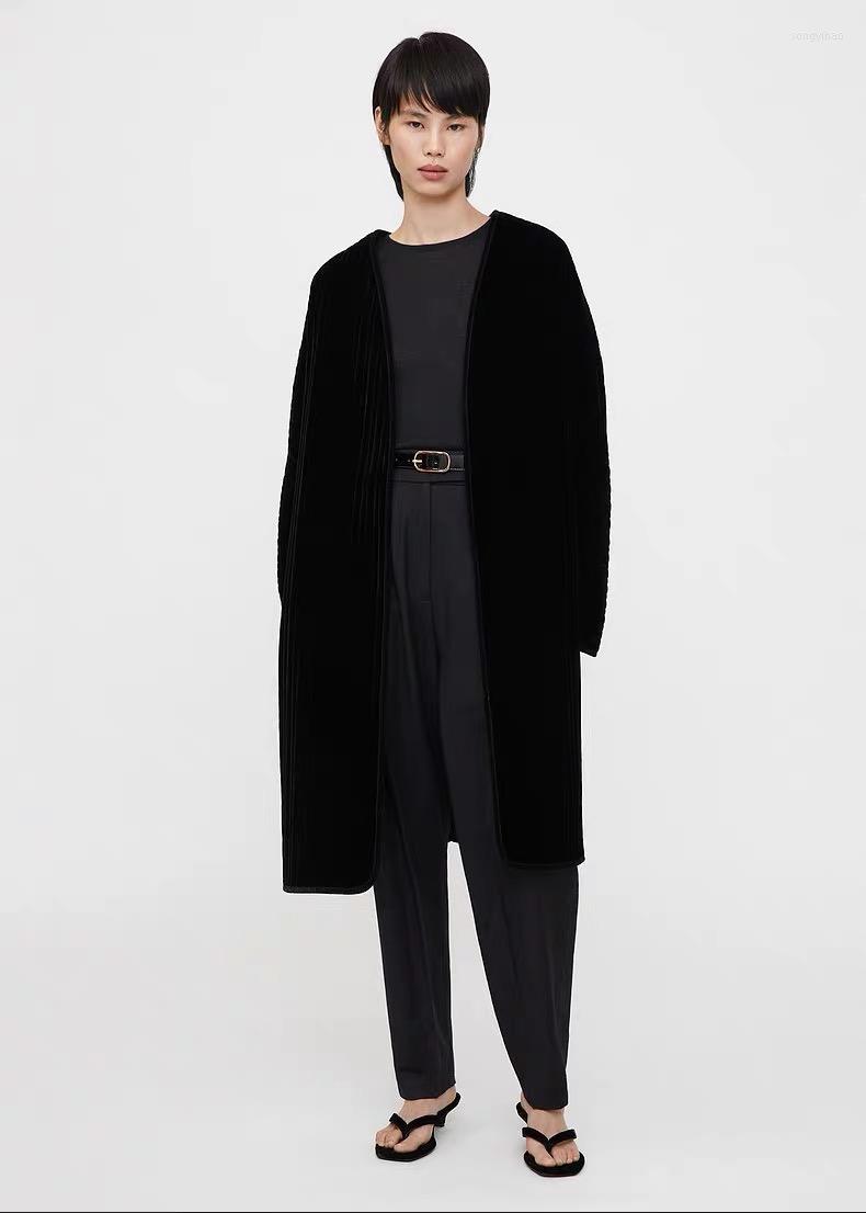 

Women's Trench Coats T0teme Winter Women Jacket Long Coat Silk Viscose Black Color Full Sleeves Flocking No Button Oversize Casual Loose