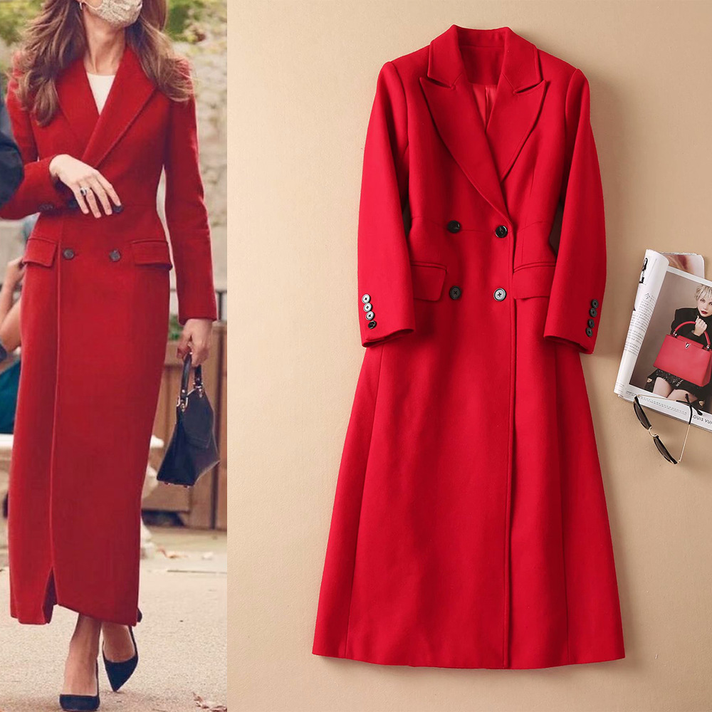 

High-quality star with the same red wool blend coats double -breasted long style
