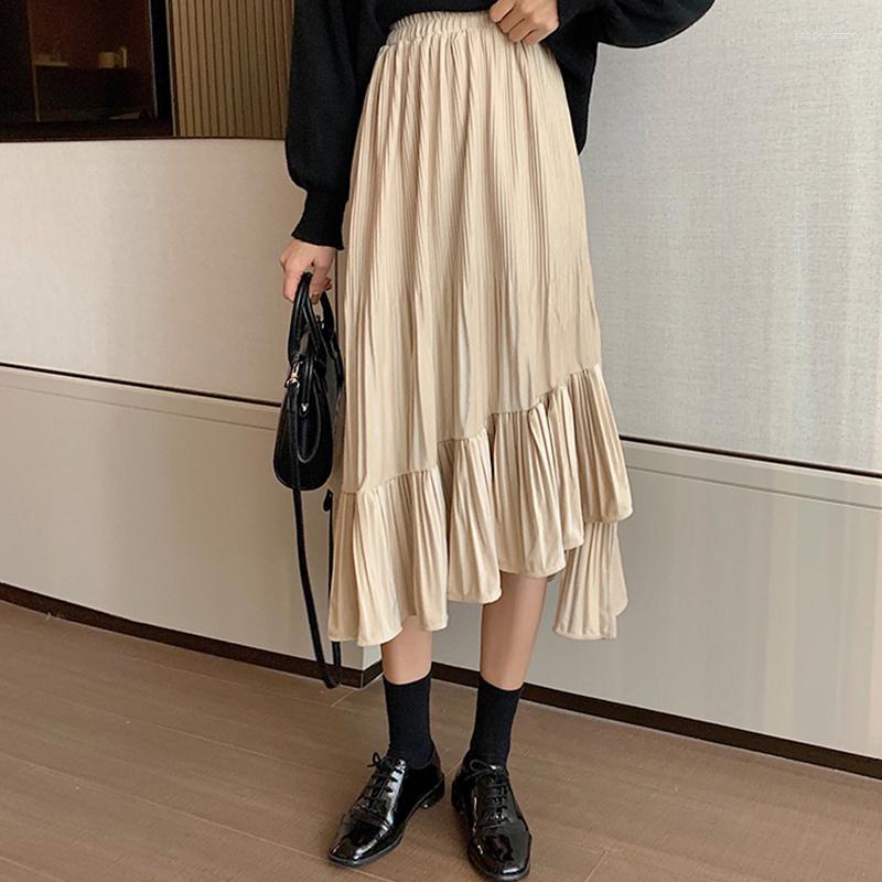 

Skirts Velvet Midi Long Womens Pleated Skirt Goth Lolita 2022 Spring High Waisted Asymmetrical Low Ruched Ruffle Rok, Black