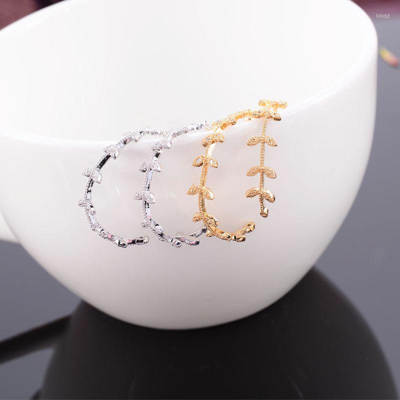 

Hoop Earrings S925 Silver Needle Female Leaf Gold-plated Zircon