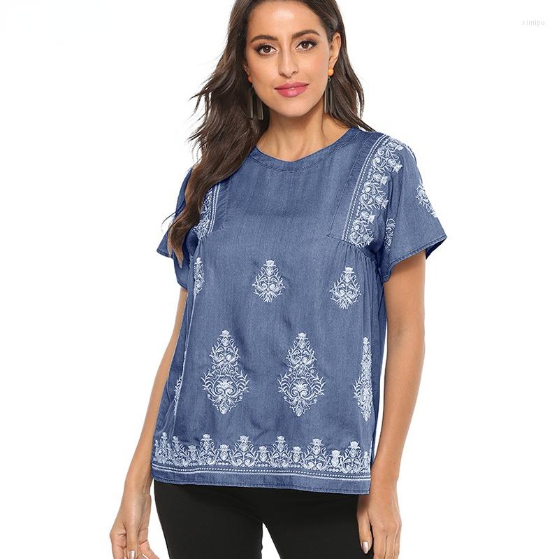 

Women' Blouses Le Luz Floral Embroidery Blouse Tee Shirts Blue Denim Boho Vintage Mexican Women 2xl 3XL Ethnic Tops, Sky blue