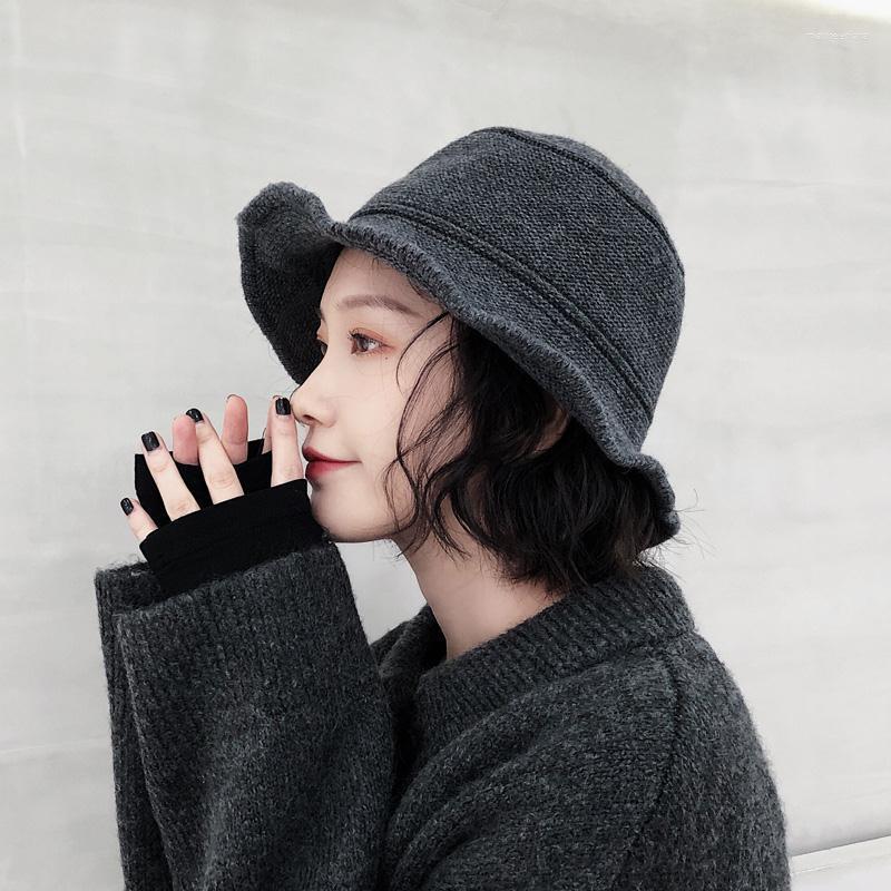 

Berets Vintage Made Wool Blended Knitting Bucket Hat Women's Autumn And Winter Fashionable Warm Harajuku Versatile Basin, Black