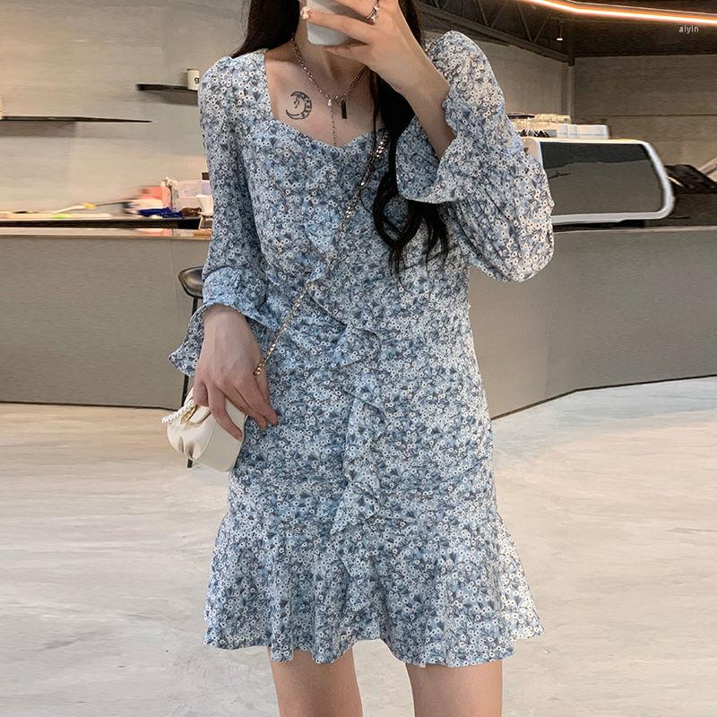 

Casual Dresses Women Spring Summer Long Sleeves Ruffled Fishtail Floral Dress 2022 Skirt Vestido De Mujer Femme Robe, Blue