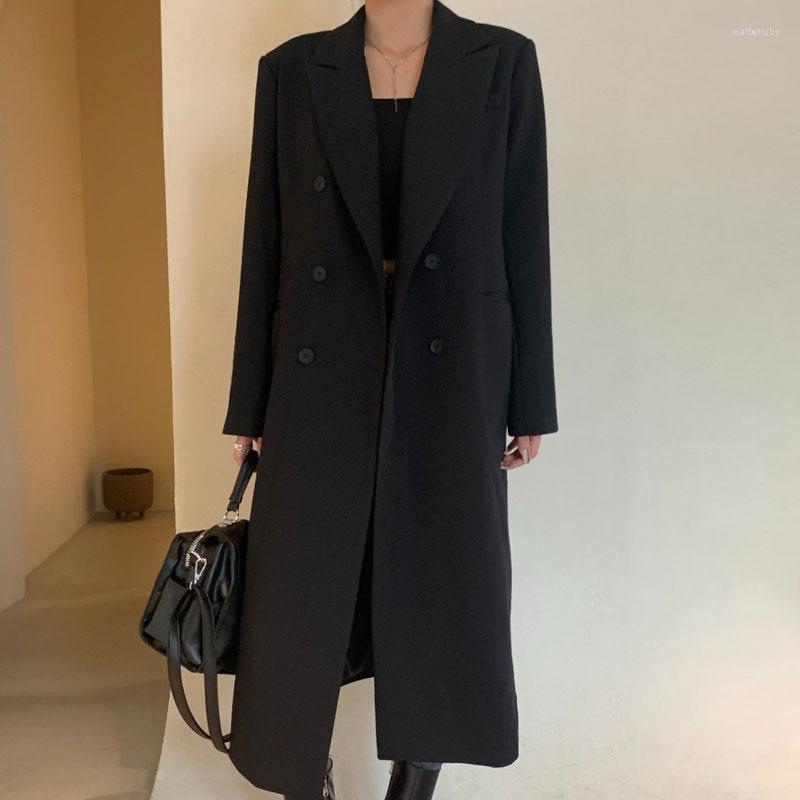 

Women' Suits SuperAen Korean Chic Autumn And Winter Vintage Lapel Double Row Button Loose Casual Long Suit Coat Women, Black