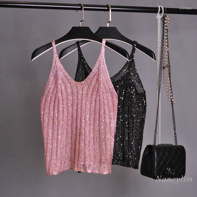 

Women's Tanks Sexy Sequined Knitted Tank Top For Women Thin Shoulder-Straps Outerwear Women's Camisole Tops Pink Black Nancylim