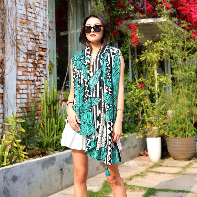 

Scarves 2022 Wild Air-conditioning Silk Scarf Spring And Autumn Female Cotton Linen Fringed Green Leaf Beach Towel Sunscre
