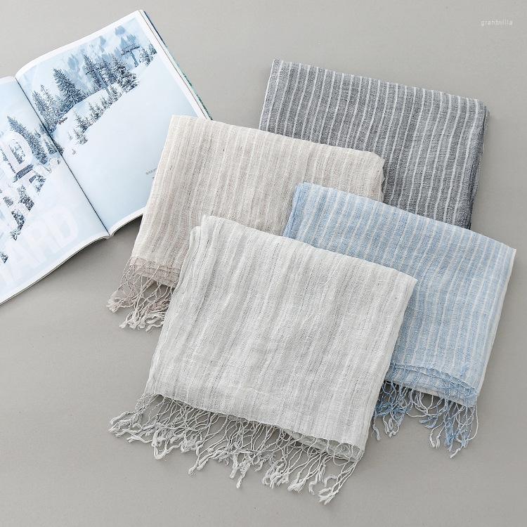 

Scarves 2022 Japanese Linen Women's Scarf Square Fashion Trend Stripe Cotton Tassel Shawl Out Sunshade Silk