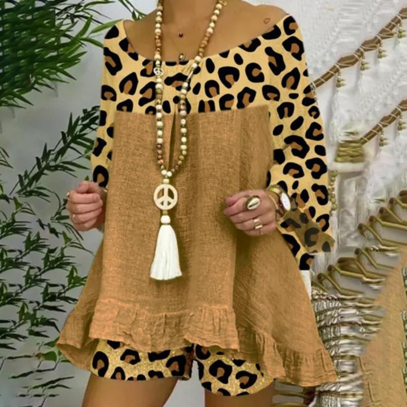 

Women's Tracksuits Fashion Women Outfit Soft Fabric Wide Collar Comfy Vintage Leopard Patchwork Top Shorts Set Summer Wear Resistant, Lake blue