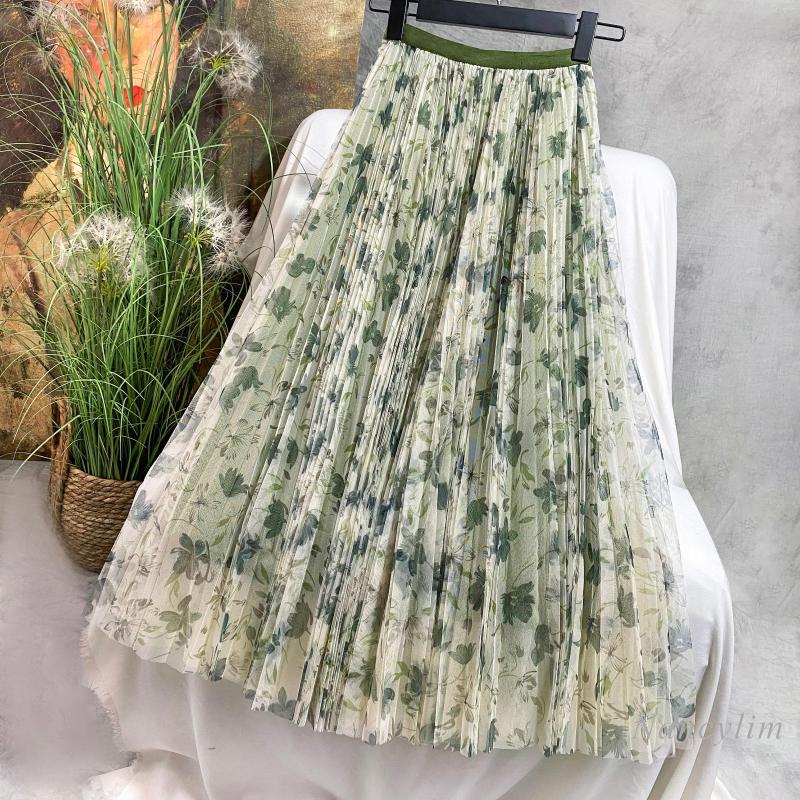 

Skirts Printed Mesh Skirt Women' Mid-Length 2022 Spring And Summer Pleated Elastic Waist Floral Gauze Jupe Mujer, Green