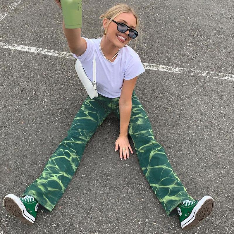 

Women' Jeans Women' Tie-dye Hit Color 2022 Summer Style Trousers High-waist Straight-leg Pants Fashion Trend Washed Women, Green