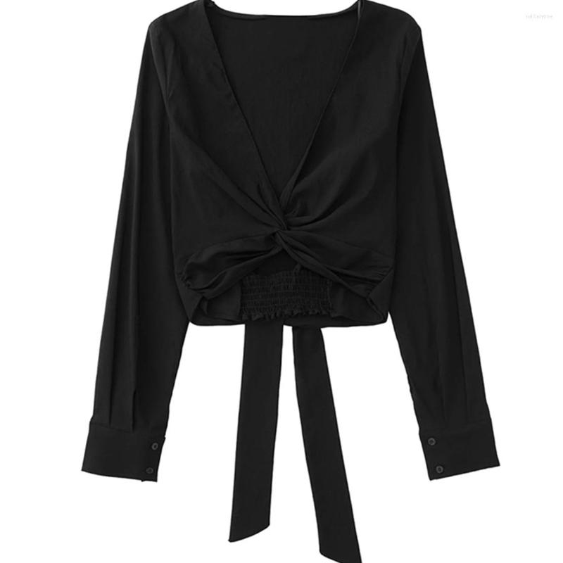 

Women's Blouses Dave&Di 2022 England Style Black Indie Folk High Street Vintage V-neck Kimono Linen Bow Shirt Women Short Blouse Tops