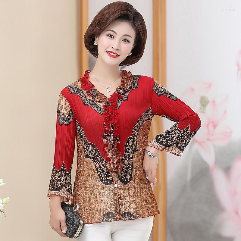 

Women's Blouses 2022 Summer Female Clothing Long Sleeve Pleated Chiffon Shirt Plus Size 5XL Middle-Aged And Old Women Top C138, Green