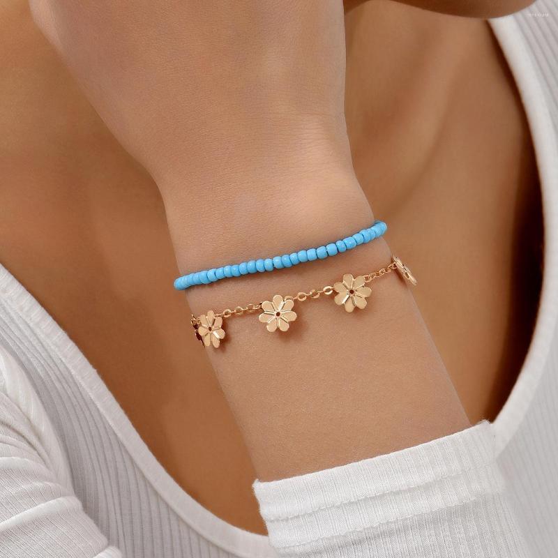 

Link Bracelets Vintage Bosnia Hip-Hop Style Blue Flower Colorfully Beads Charm Bracelet Set For Women Double Layer Hands Jewelry 2022