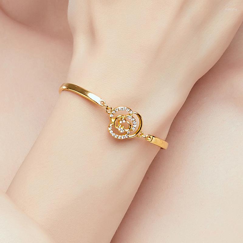 

Bangle Luxury Enamel Camellia Bangles For Women Elegant Shiny Crystal Flower Gold Plated Bracelet Wedding Jewelry Gift Z093-S