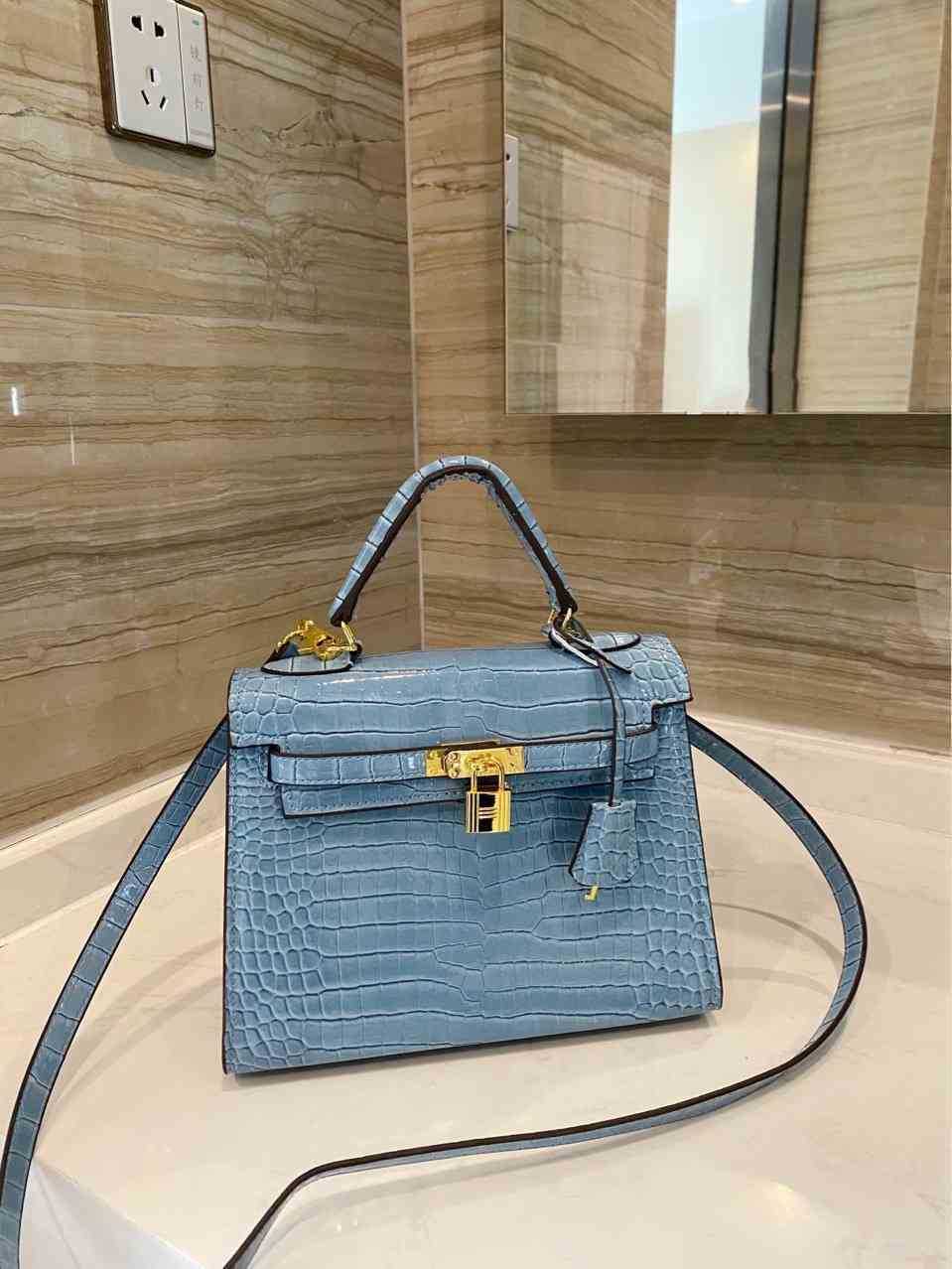 

Luxury Bags High Quality Hemess Luxurys Handbags Blue Women Square Shoulder Belt Small Buckle Cover Hard Handle Crocodile Pattern Solid Leathe, 25cm