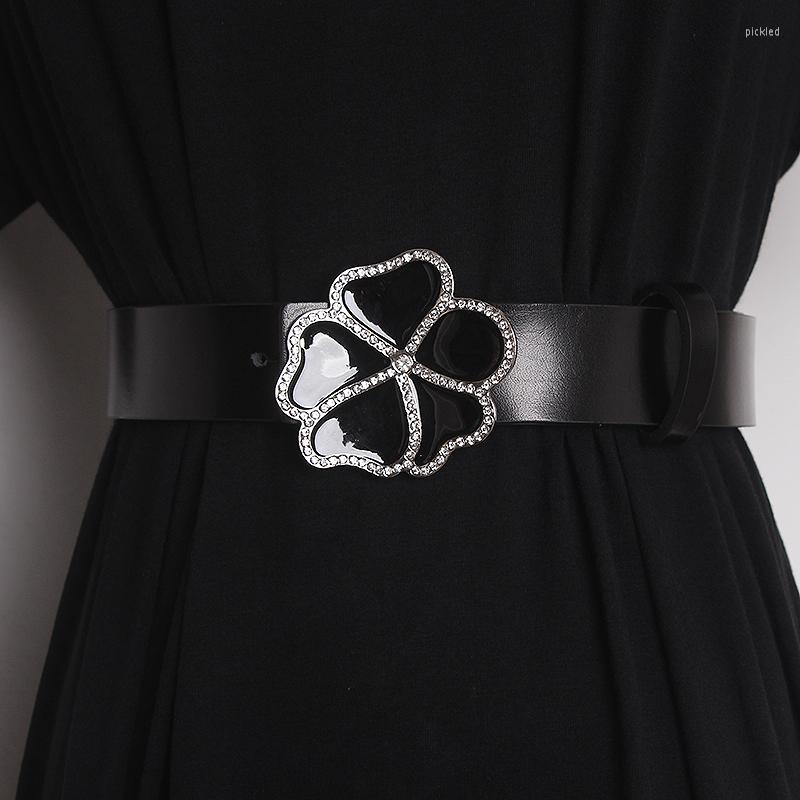 

Belts 2022 Flower RHinestone Buckle Waist Belt Women Real Cow Leather Jeans Brand Designer Cowskin Waistband Strap, Black
