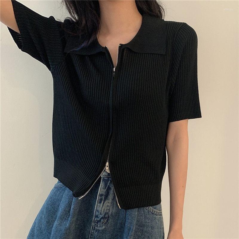 

Women' T Shirts Woman Tshirts Knitwear Short Sleeve Women' 2022 Summer Double-Headed Zipper Top Clothes Crop Mujer Camisetas, Black