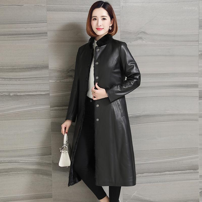 

Women's Leather Genuine Jacket Sheepskin Coat Female Natural Liner Long Coats Winter Women Clothes 2022 MY S, Black stand collar